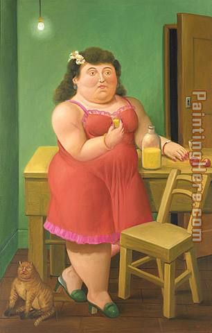 Woman Drinking With Cat painting - Fernando Botero Woman Drinking With Cat art painting